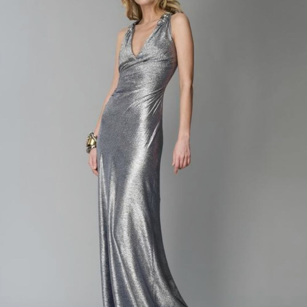 David Meister Blue Metallic Beaded Shoulder Plunge V-Neck Ruched Gown Size 12